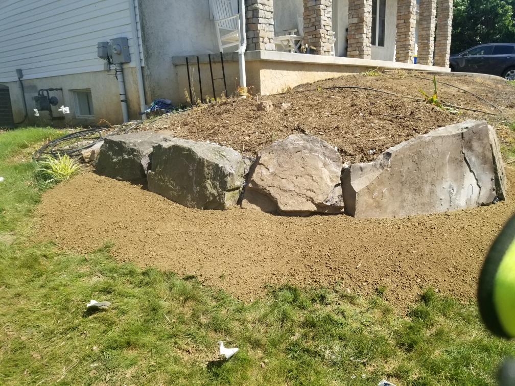 Overgrown garden in York PA with weeds and faded mulch before cleanup