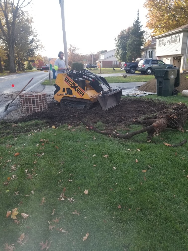 Lawn restoration in progress in York, PA showing equipment being used for power thatching and aeration on dry, patchy grass