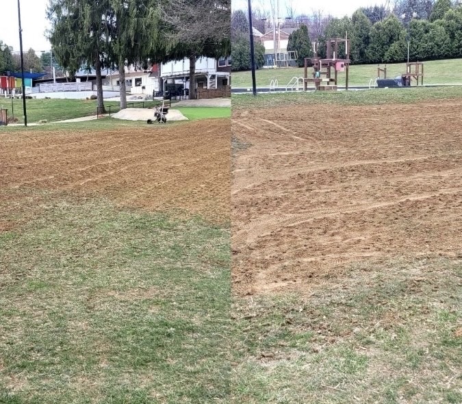 Torn-up muddy grass at Wisehaven Pool in York PA before lawn restoration